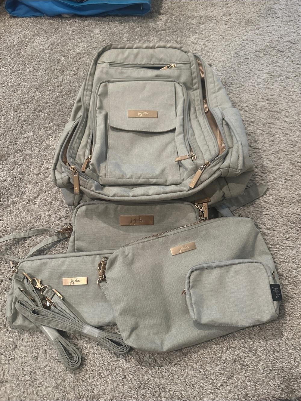Jujube Gray Diaper Backpack Set with Gold Hardware